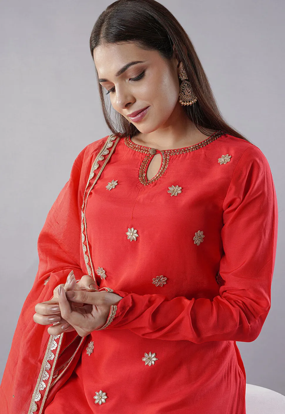 Embroidered Muslin Silk Aline Suit in Red