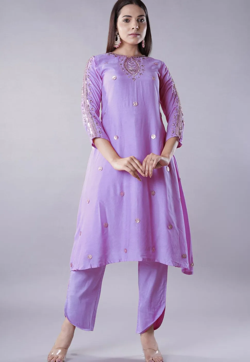 Embroidered Muslin Silk Aline Kurta Set in Lilac