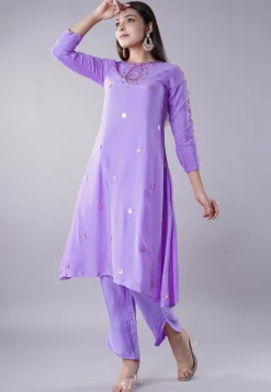 Embroidered Muslin Silk Aline Kurta Set in Lilac