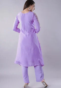 Embroidered Muslin Silk Aline Kurta Set in Lilac
