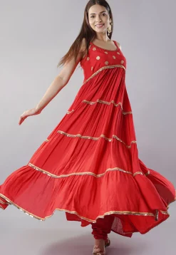 Embroidered Muslin Silk Abaya Style Suit in Red