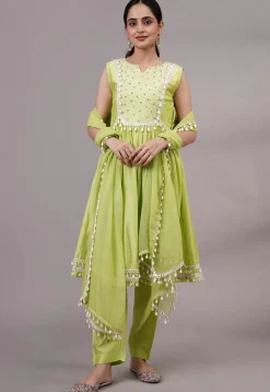 Embroidered Muslin Silk Aline Suit in Olive Green