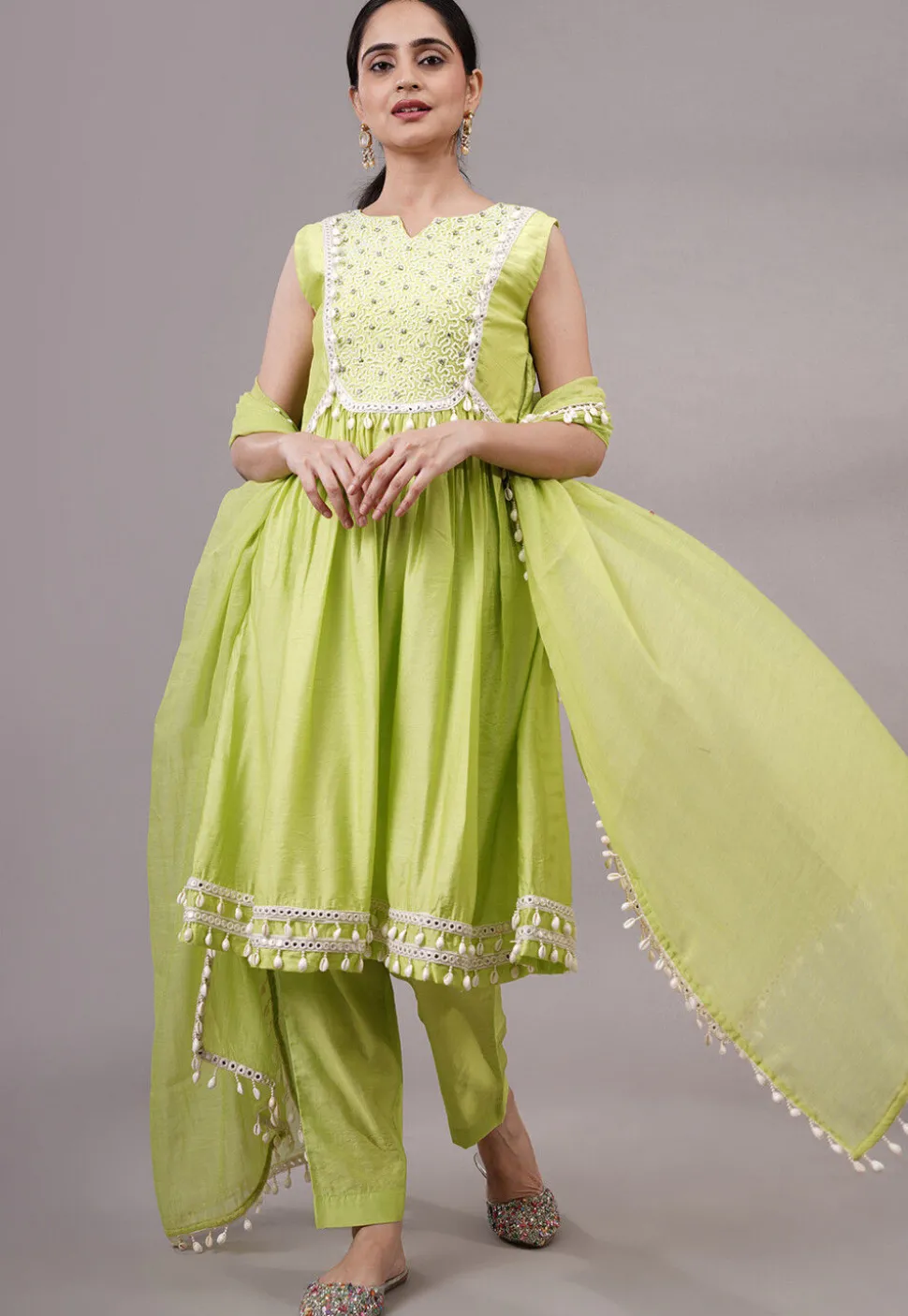 Embroidered Muslin Silk Aline Suit in Olive Green