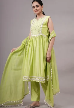Embroidered Muslin Silk Aline Suit in Olive Green