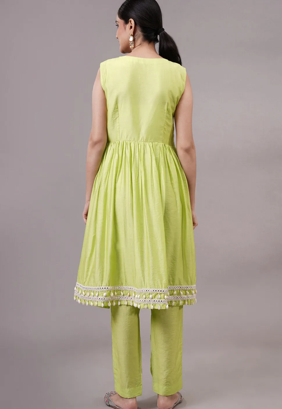 Embroidered Muslin Silk Aline Suit in Olive Green