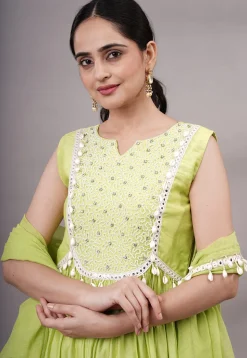 Embroidered Muslin Silk Aline Suit in Olive Green