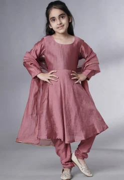 Embroidered Muslin Silk A Line Suit in Old Rose