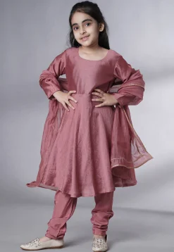 Embroidered Muslin Silk A Line Suit in Old Rose