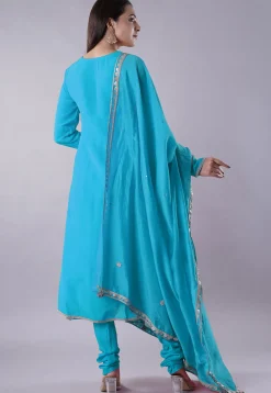 Embroidered Muslin Silk Aline Suit in Sky Blue