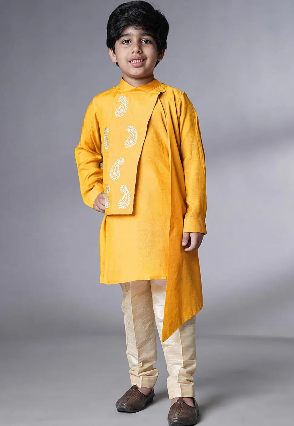 Embroidered Muslin Silk Asymmetric Kurta Set in Yellow