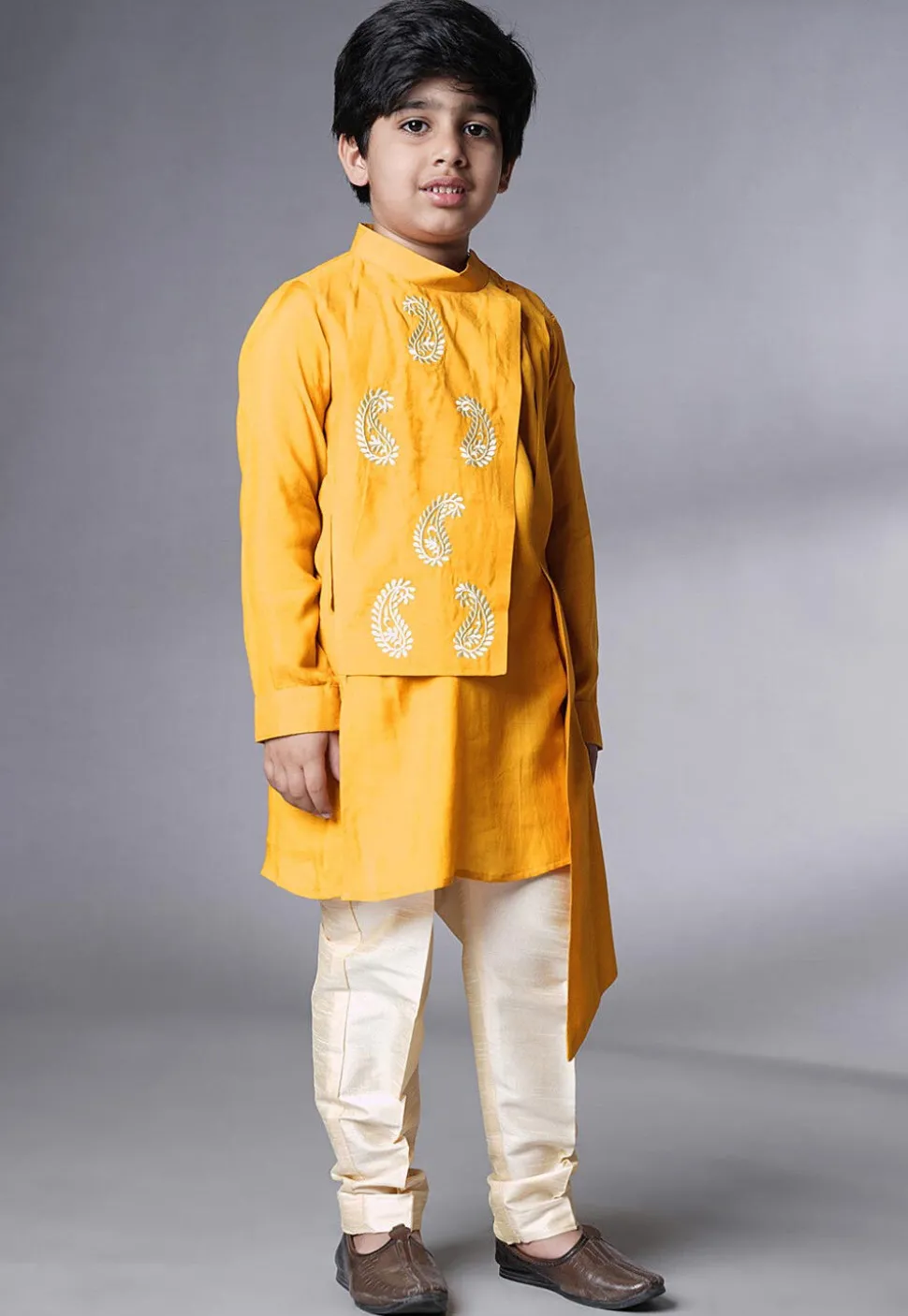 Embroidered Muslin Silk Asymmetric Kurta Set in Yellow