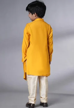 Embroidered Muslin Silk Asymmetric Kurta Set in Yellow