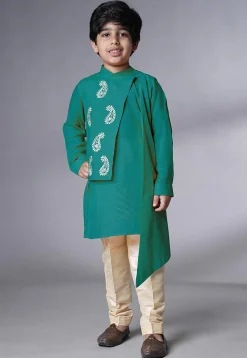 Embroidered Muslin Silk Asymmetric Kurta Set in Light Green