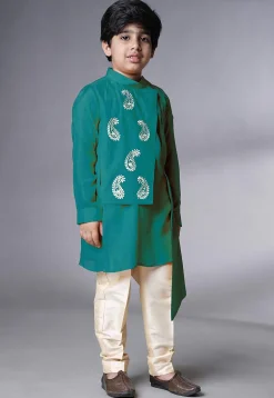 Embroidered Muslin Silk Asymmetric Kurta Set in Light Green