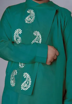 Embroidered Muslin Silk Asymmetric Kurta Set in Light Green