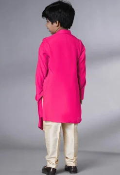 Embroidered Muslin Silk Asymmetric Kurta Set in Fuchsia