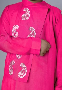 Embroidered Muslin Silk Asymmetric Kurta Set in Fuchsia