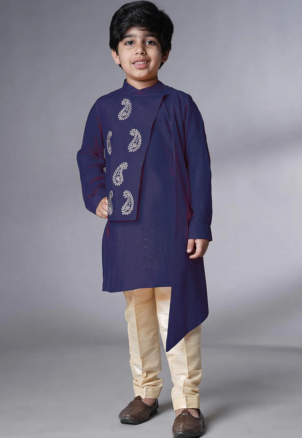 Embroidered Muslin Silk Asymmetric Kurta Set in Navy Blue