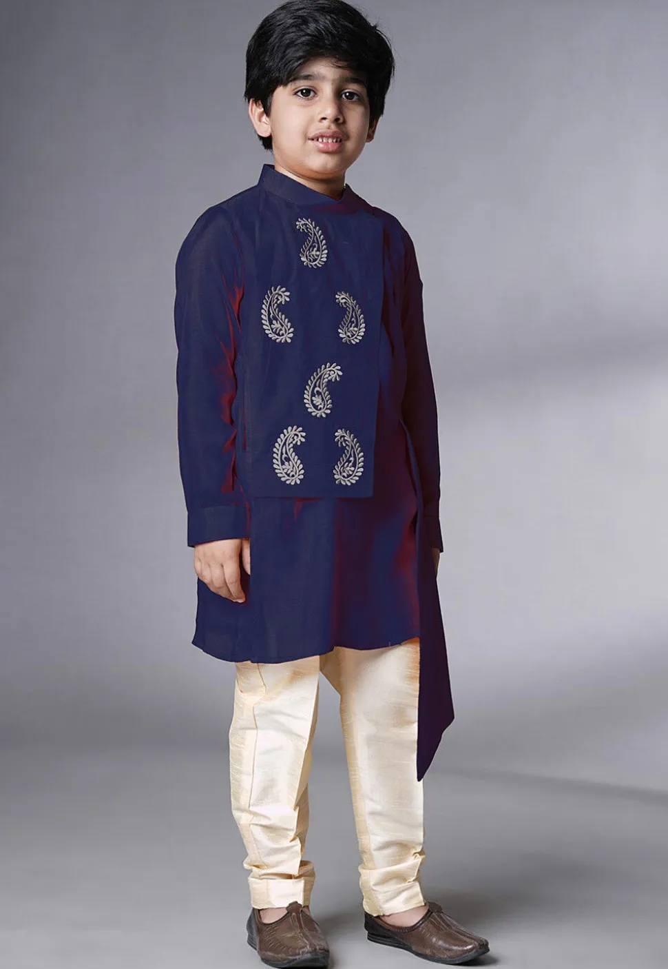 Embroidered Muslin Silk Asymmetric Kurta Set in Navy Blue