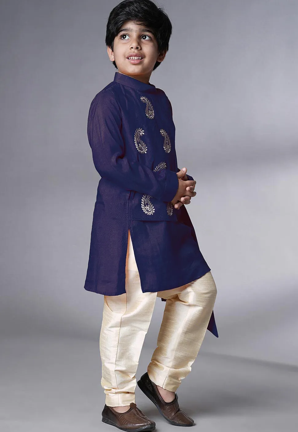 Embroidered Muslin Silk Asymmetric Kurta Set in Navy Blue