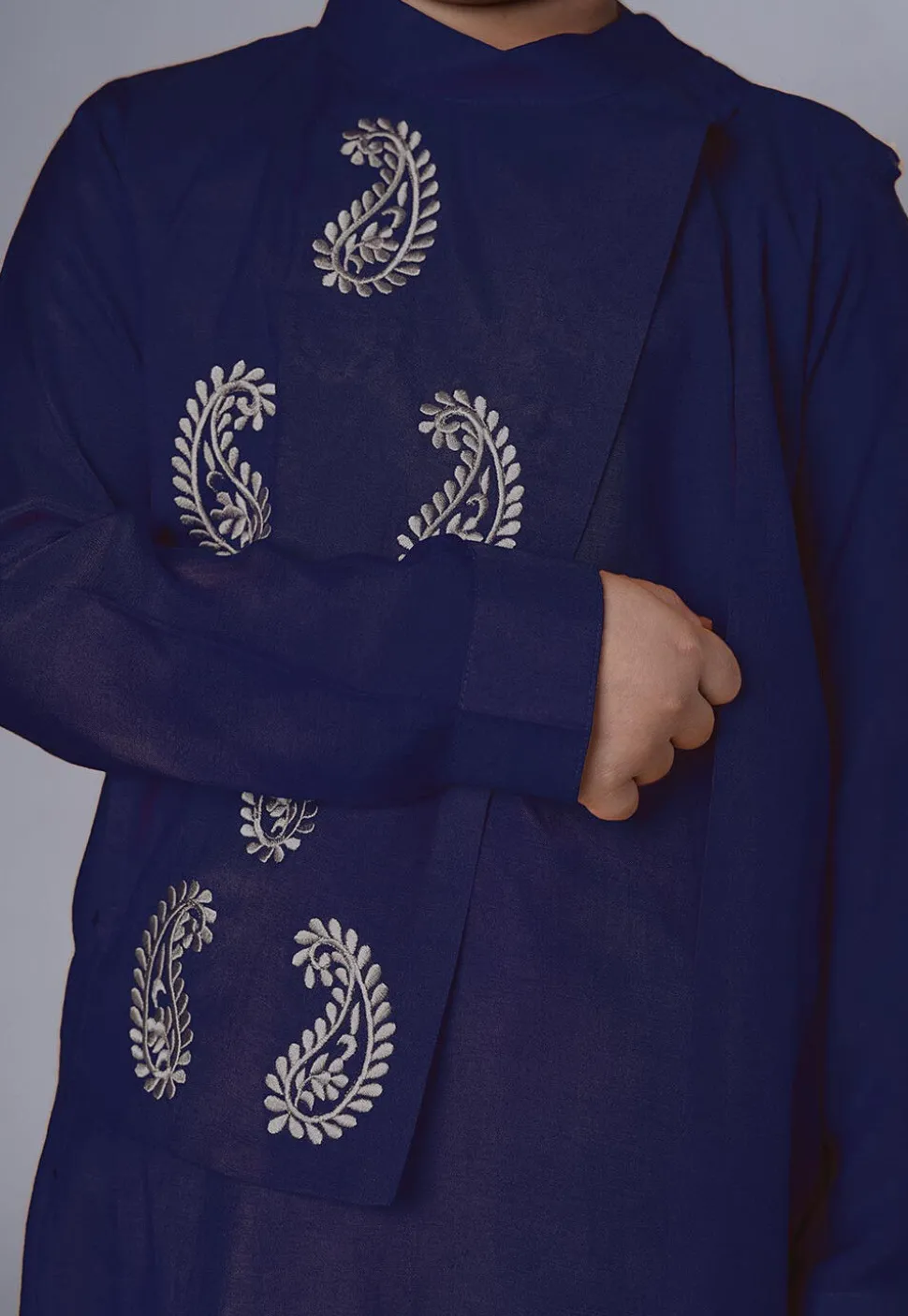 Embroidered Muslin Silk Asymmetric Kurta Set in Navy Blue