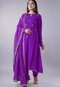Embroidered Muslin Silk Aline Suit in Purple