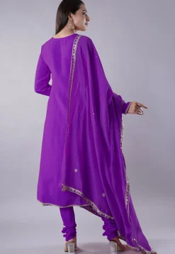 Embroidered Muslin Silk Aline Suit in Purple