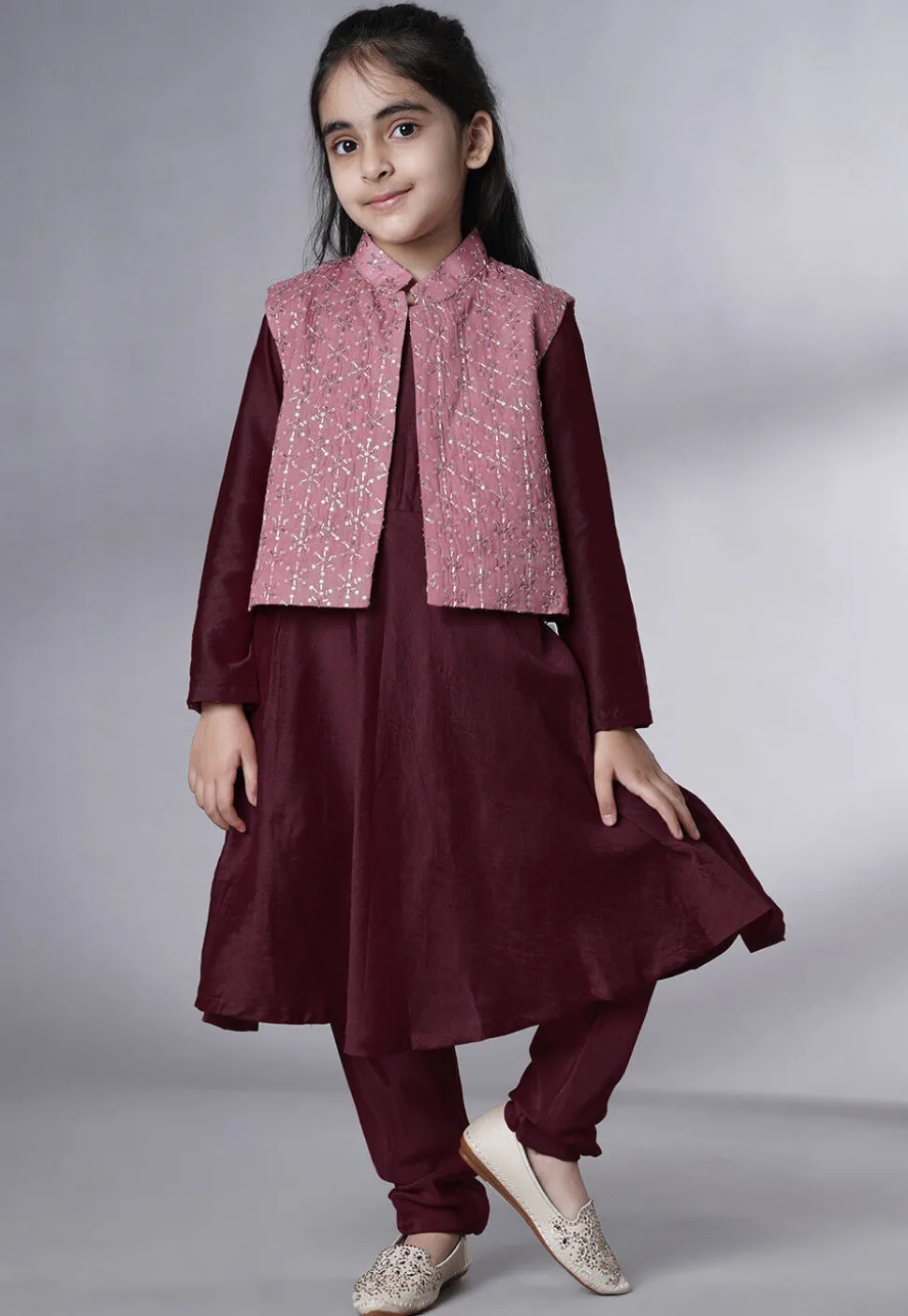 Embroidered Muslin Silk A Line Suit in Wine