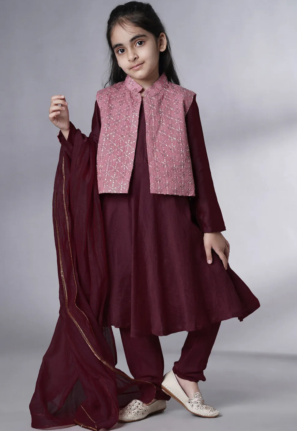 Embroidered Muslin Silk A Line Suit in Wine