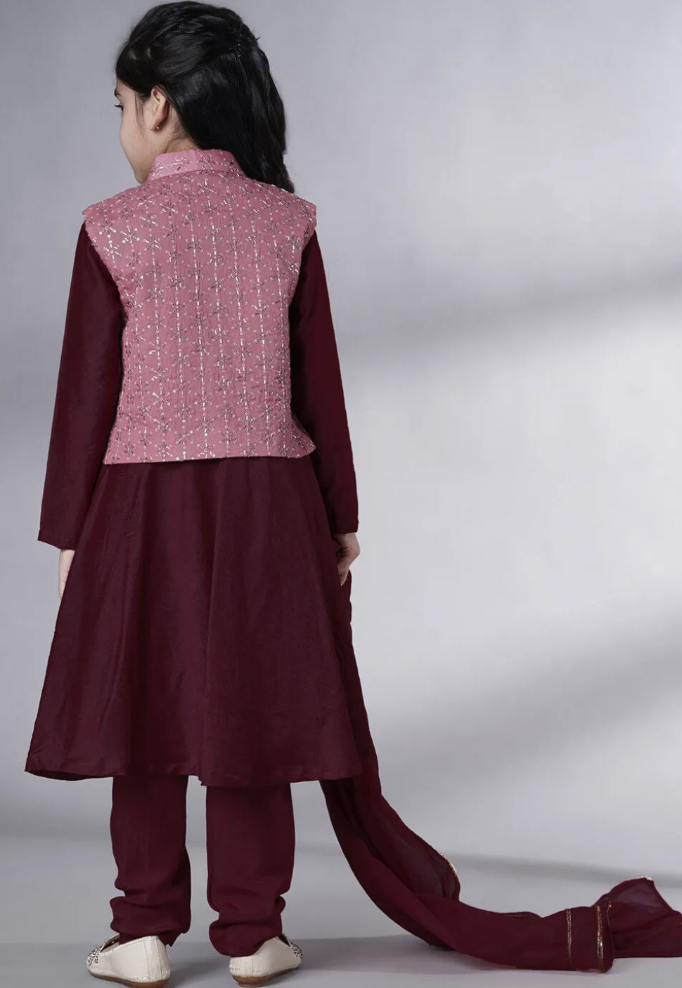 Embroidered Muslin Silk A Line Suit in Wine