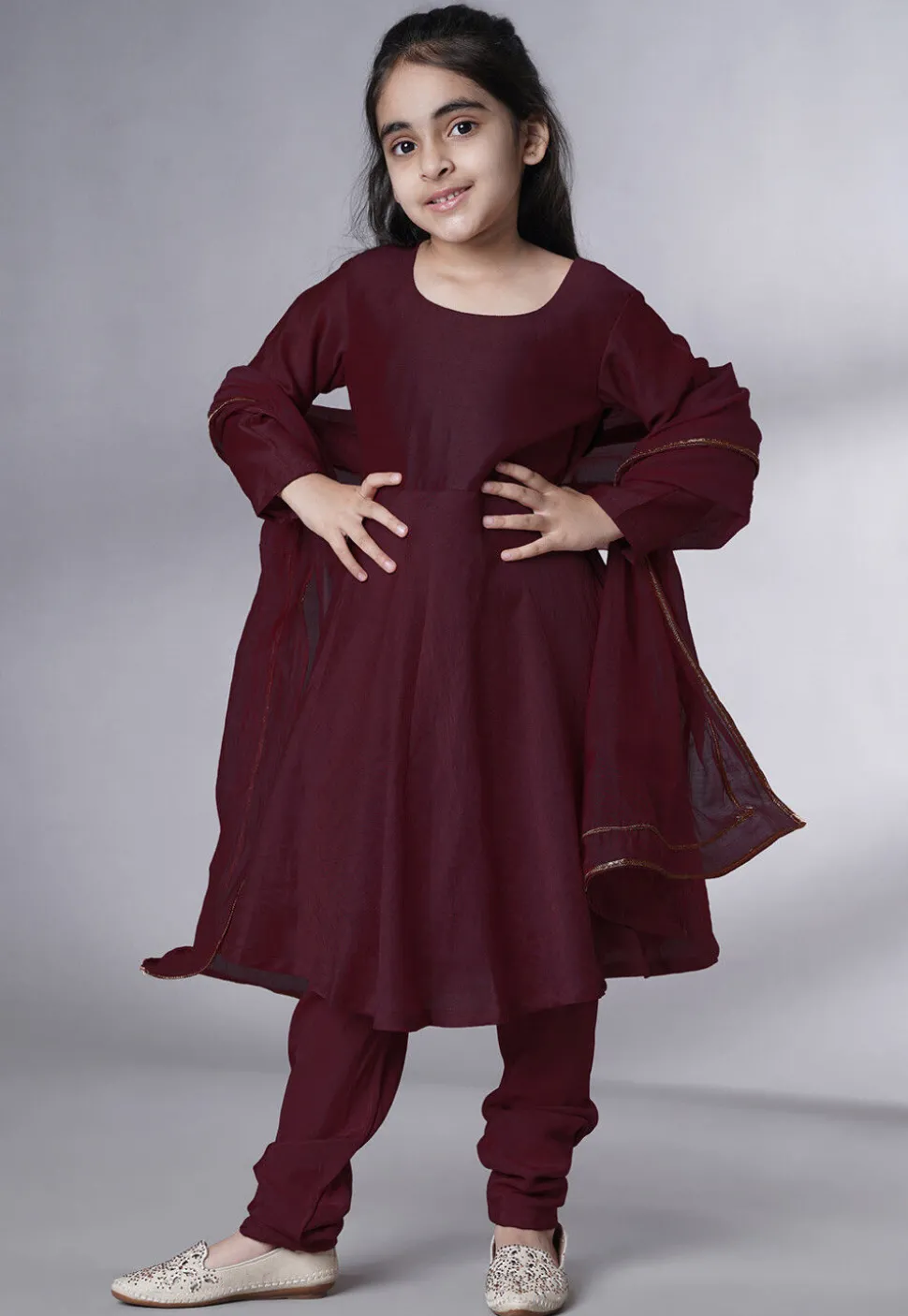 Embroidered Muslin Silk A Line Suit in Wine