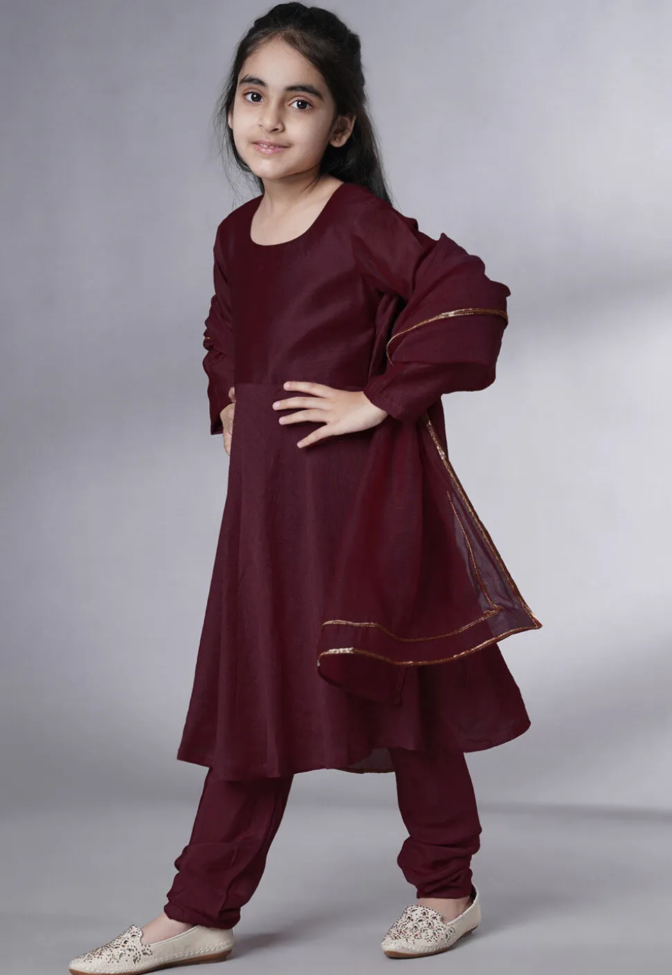 Embroidered Muslin Silk A Line Suit in Wine
