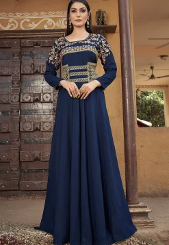 Embroidered Muslin Silk Flared Gown in Navy Blue