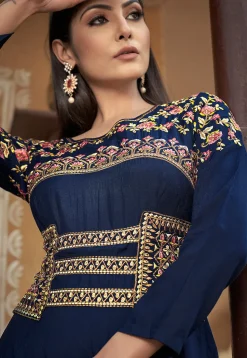 Embroidered Muslin Silk Flared Gown in Navy Blue