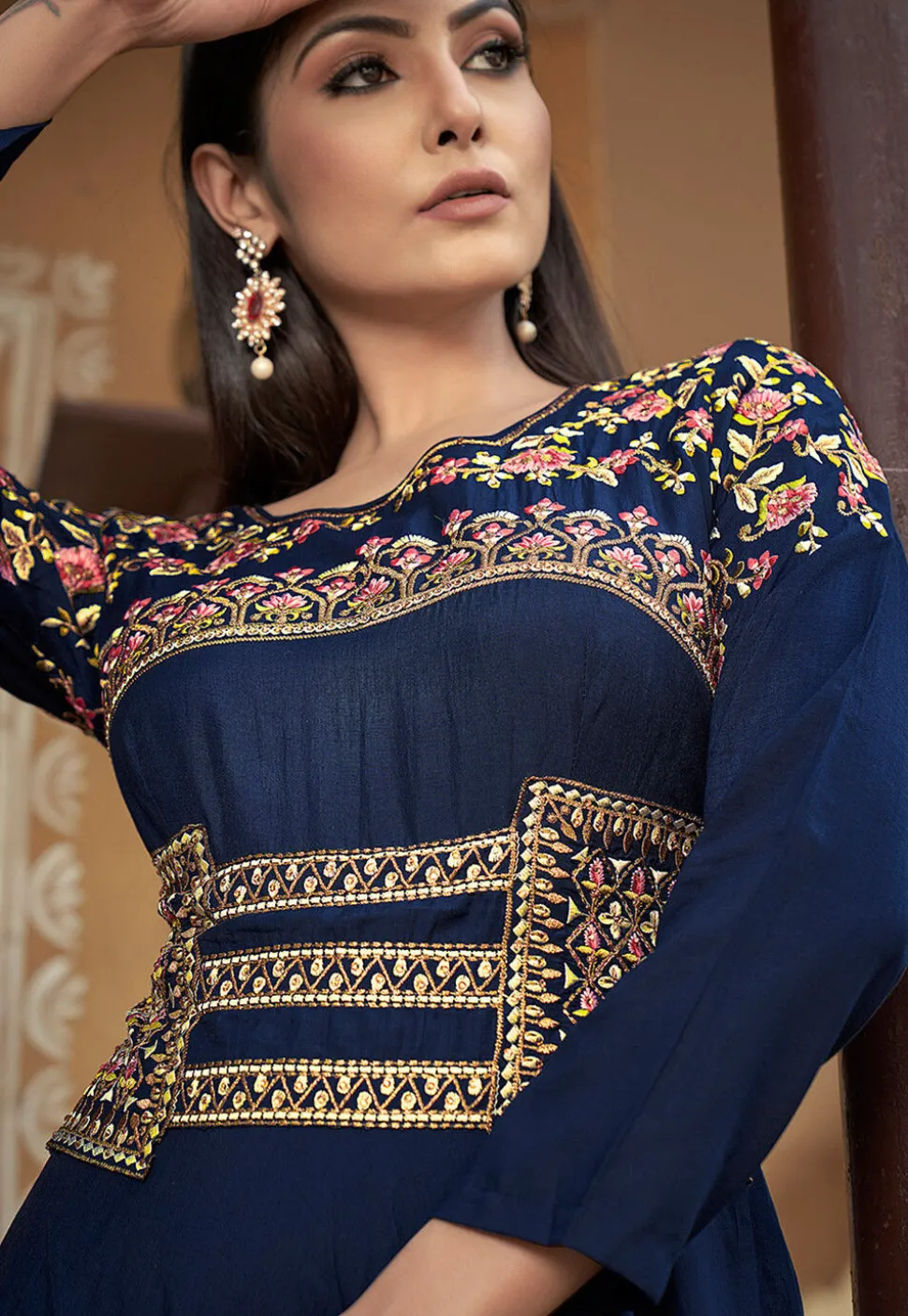 Embroidered Muslin Silk Flared Gown in Navy Blue