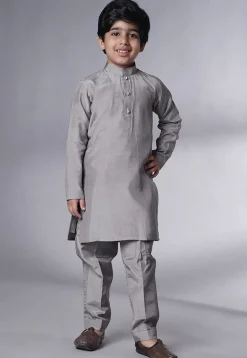 Embroidered Muslin Silk Kurta Set in Grey