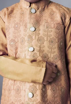 Embroidered Muslin Silk Kurta Set in Beige