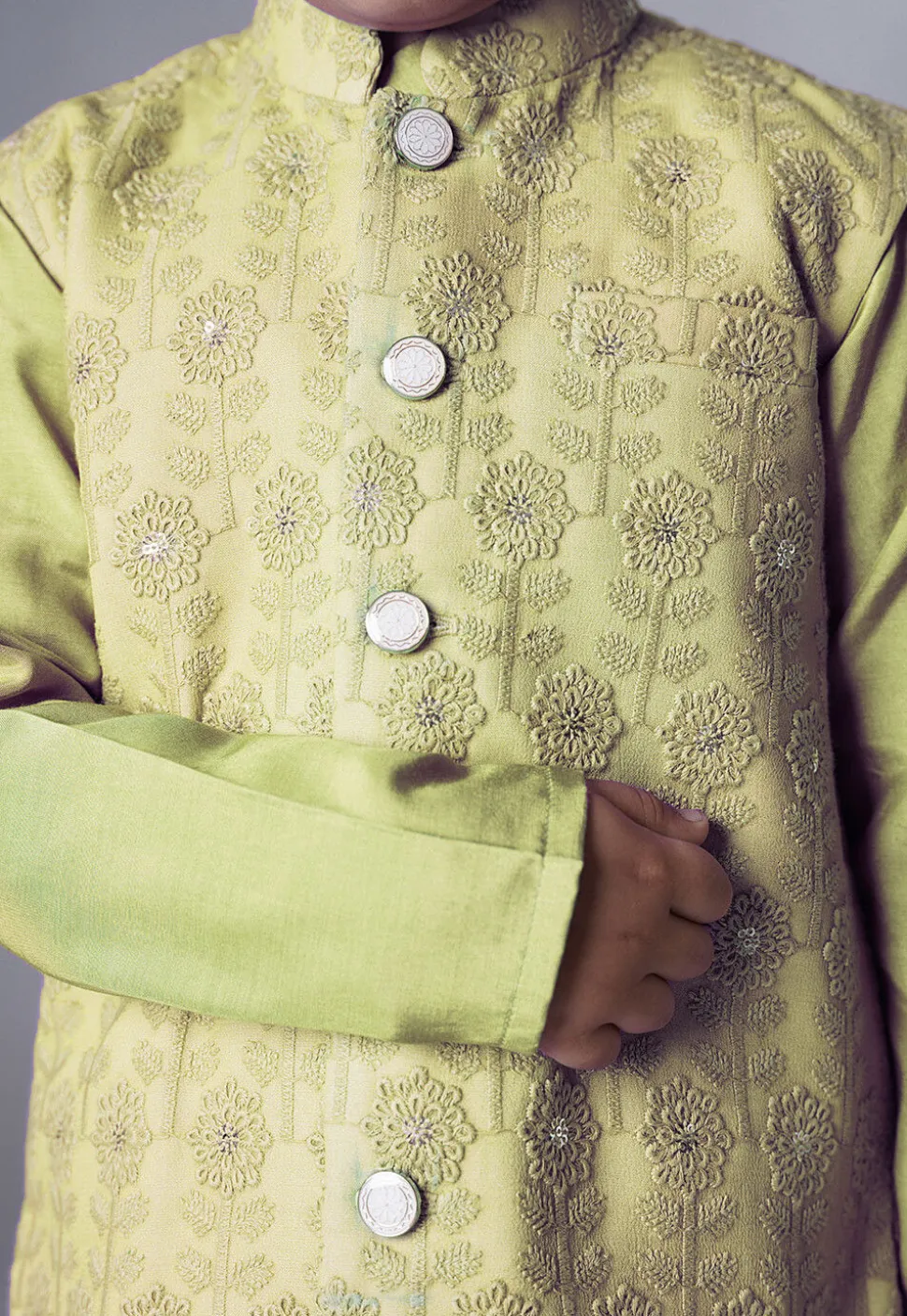 Embroidered Muslin Silk Kurta Set in Olive Green