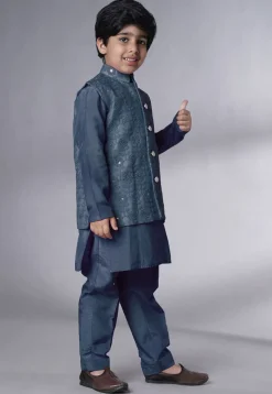 Embroidered Muslin Silk Kurta Set in Teal Blue