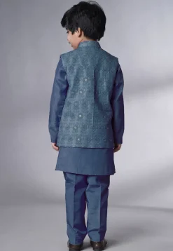 Embroidered Muslin Silk Kurta Set in Teal Blue