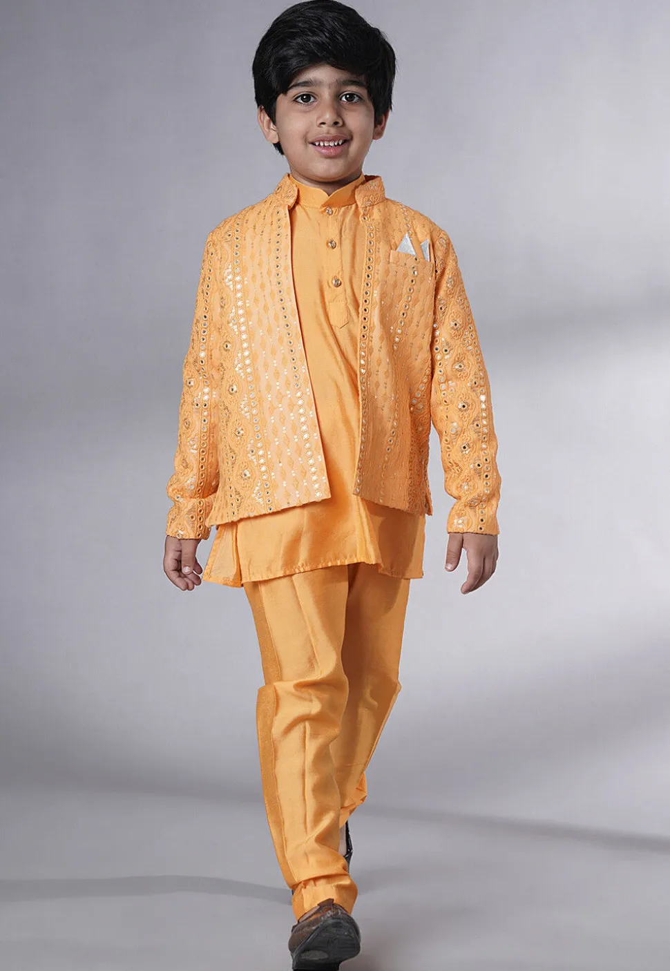 Embroidered Muslin Silk Kurta Set in Mustard