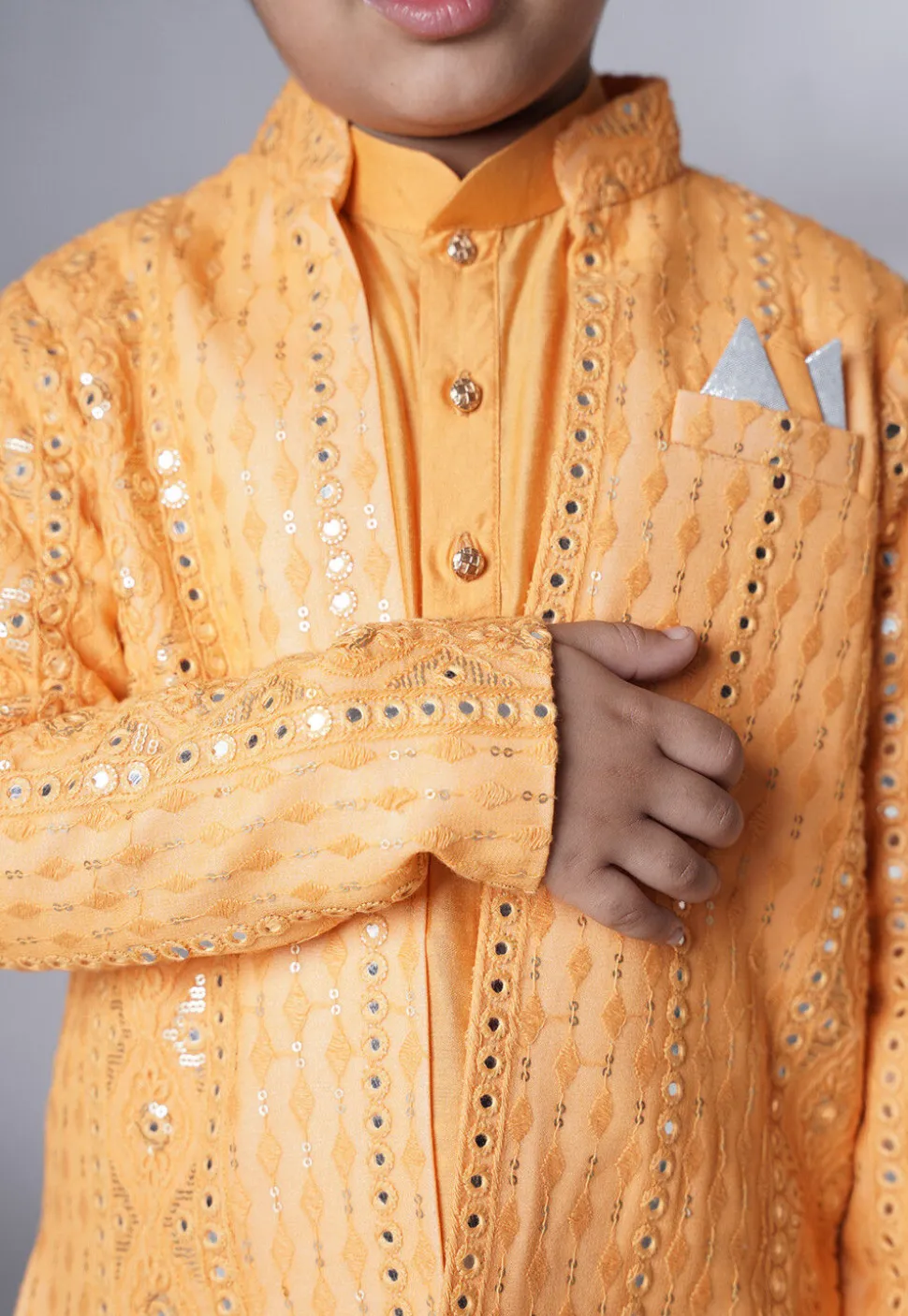 Embroidered Muslin Silk Kurta Set in Mustard