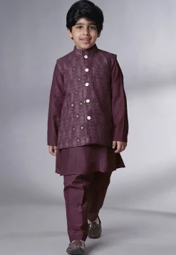 Embroidered Muslin Silk Kurta Set in Wine