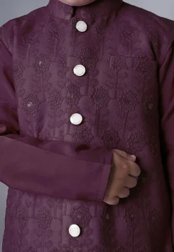 Embroidered Muslin Silk Kurta Set in Wine