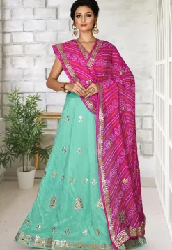 Embroidered Muslin Silk Lehenga in Sea Greean