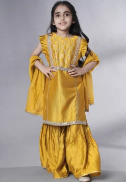 Embroidered Muslin Silk Pakistani Suit in Mustard
