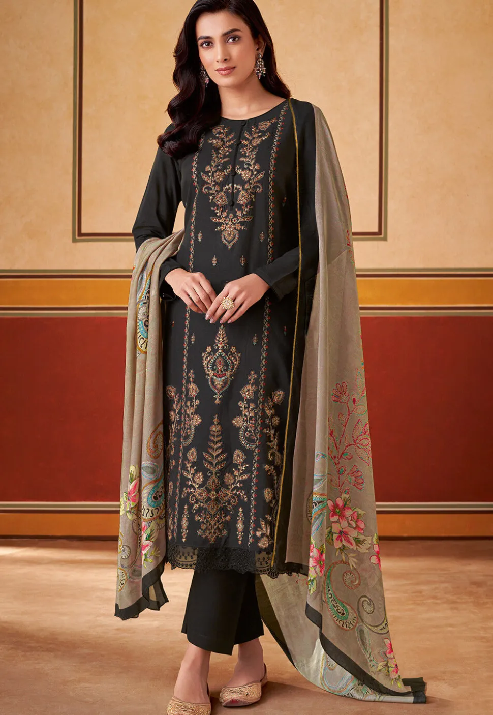 Embroidered Muslin Silk Pakistani Suit in Black