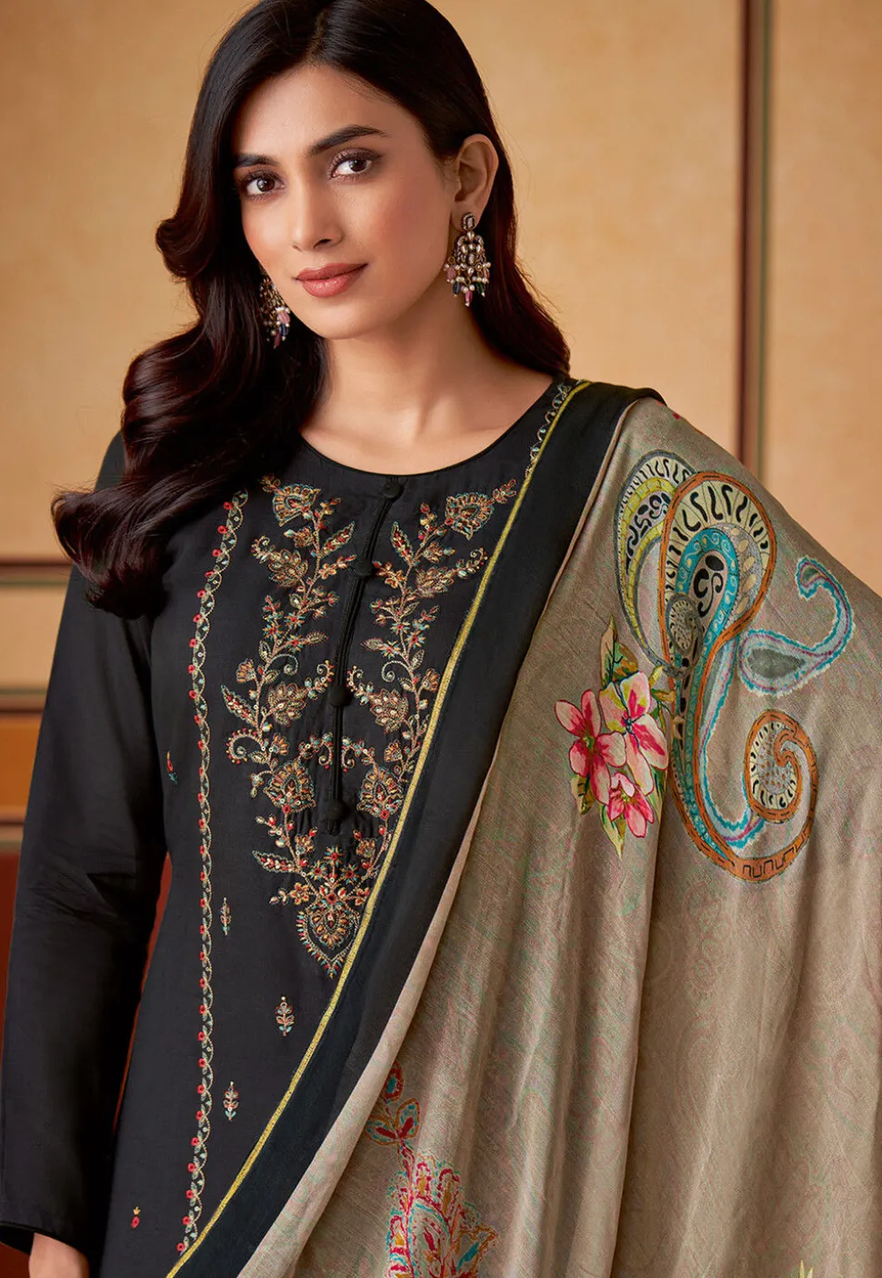 Embroidered Muslin Silk Pakistani Suit in Black
