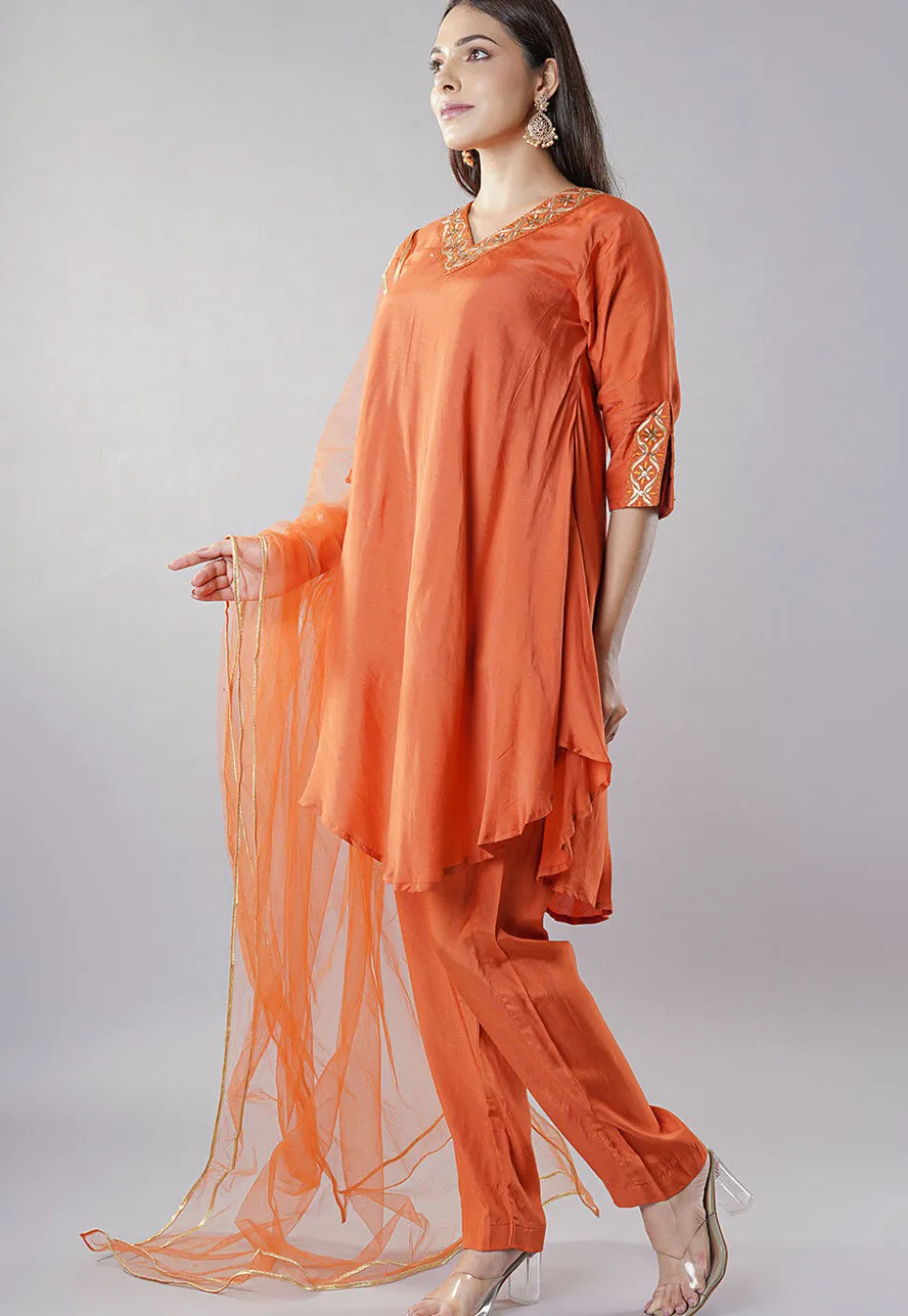 Embroidered Muslin Silk Pakistani Suit in Rust