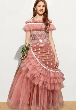 Embroidered Muslin Silk Ruffled Gown in Old Rose